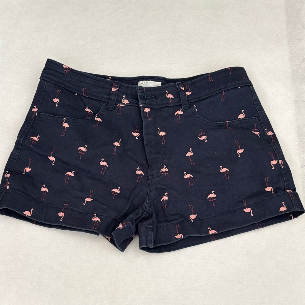 Navy Flamingo Print Jean Shorts